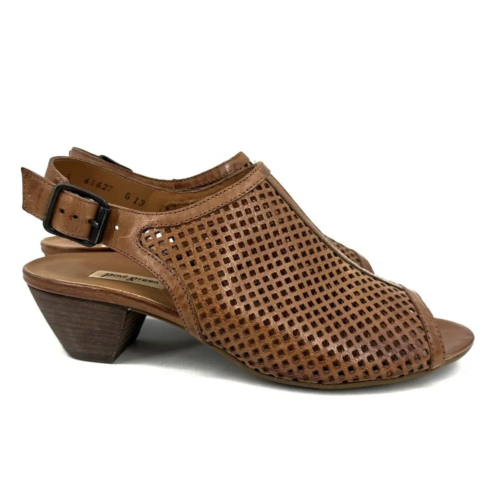 NWOB Paul Green Lois Perforated Leather Slingback Heeled Sandal Size 7.5 US 5 UK